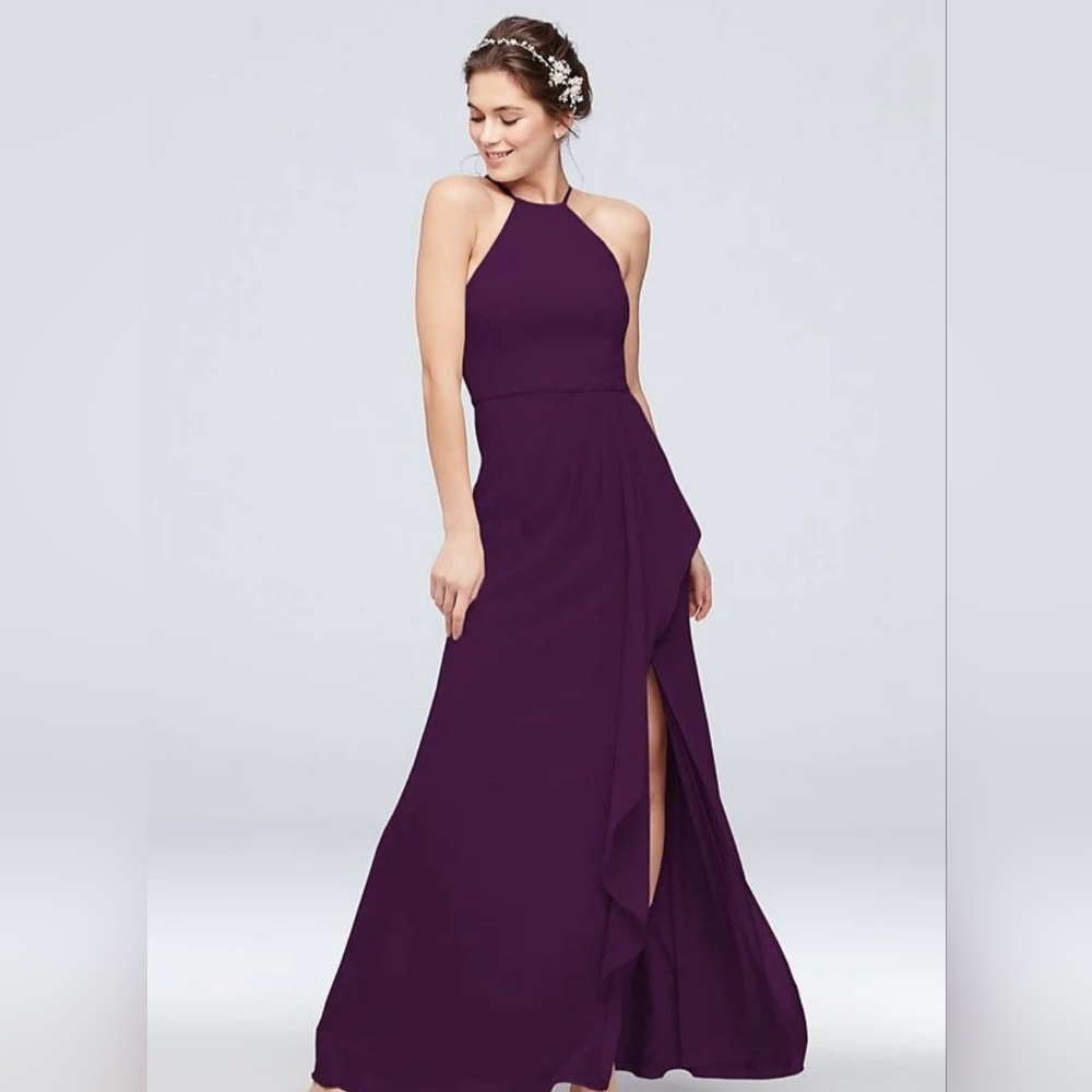 David's Bridal Celebrate DB High Neck Chiffon Bridesmaid Plum Cascade Dress